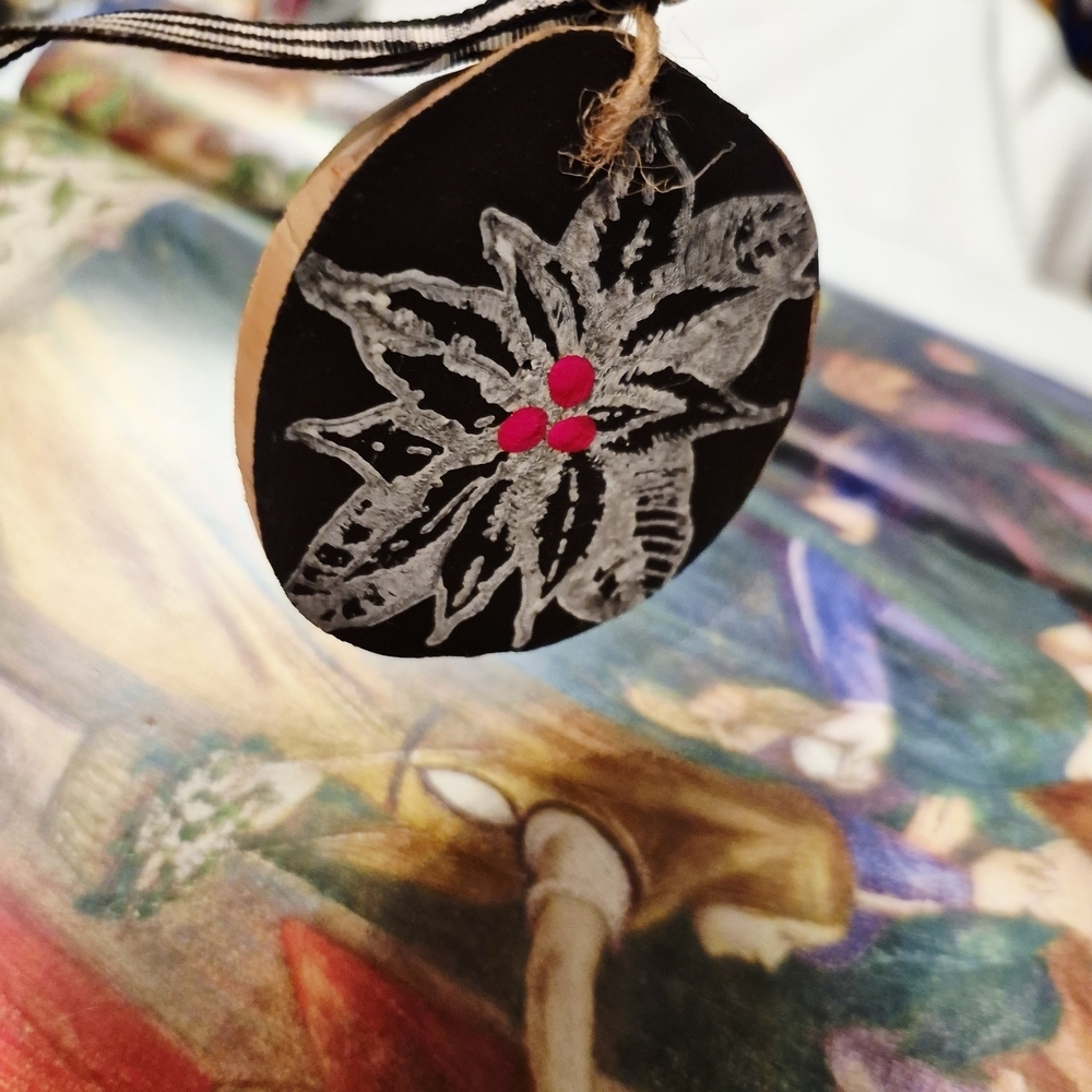 Handcrafted  Wooden Round Christams  Ornament with Black and White Design - Picture 7 of 10